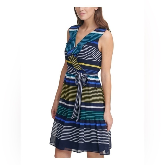 Dkny Dresses & Skirts - DKNY Womens Navy Ruffled Zippered Belted Lined Striped Sleeveless Surplice Dress